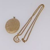 An 18ct gold necklace approx 9.5gms and a 9ct gold locket marked GJ Ltd approx 14gms.