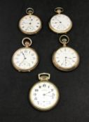 Four gold plated, open face and keyless Waltham pocket watches together with another vintage
