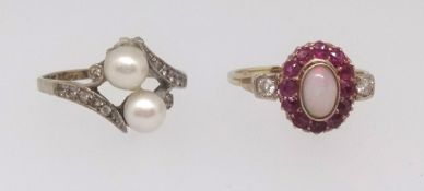 An 18ct opal cluster ring size N, together with a 9ct pearl cross over ring (2).