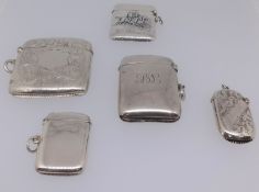 Five various silver vesta's including one embossed with horse riding scene, approx 4.52oz.