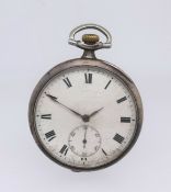 Longines, a silver open face and keyless pocket watch set with roman numerals and subsidiary