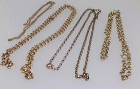 Four 9ct gold necklaces, approx 37.4gms.