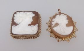 A 9ct gold square cameo marked A and Co together with another 9ct oval cameo in a filigree decorated