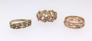 Three various 9ct gold rings, approx 8.7gms.