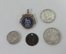 A Victoria Jubilee coin, 1825 enamelled coin fob, 1967 Liberty coin and a 1924 medallion etc.