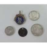 A Victoria Jubilee coin, 1825 enamelled coin fob, 1967 Liberty coin and a 1924 medallion etc.