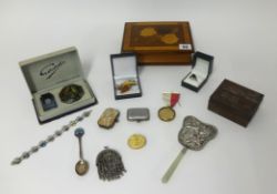 A collection of various costume jewellery, Oriental hand mirror, commemorative coins, Masonic