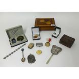 A collection of various costume jewellery, Oriental hand mirror, commemorative coins, Masonic