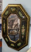 A modern lacquered and floral decorated mirror, 88cm x 63cm.