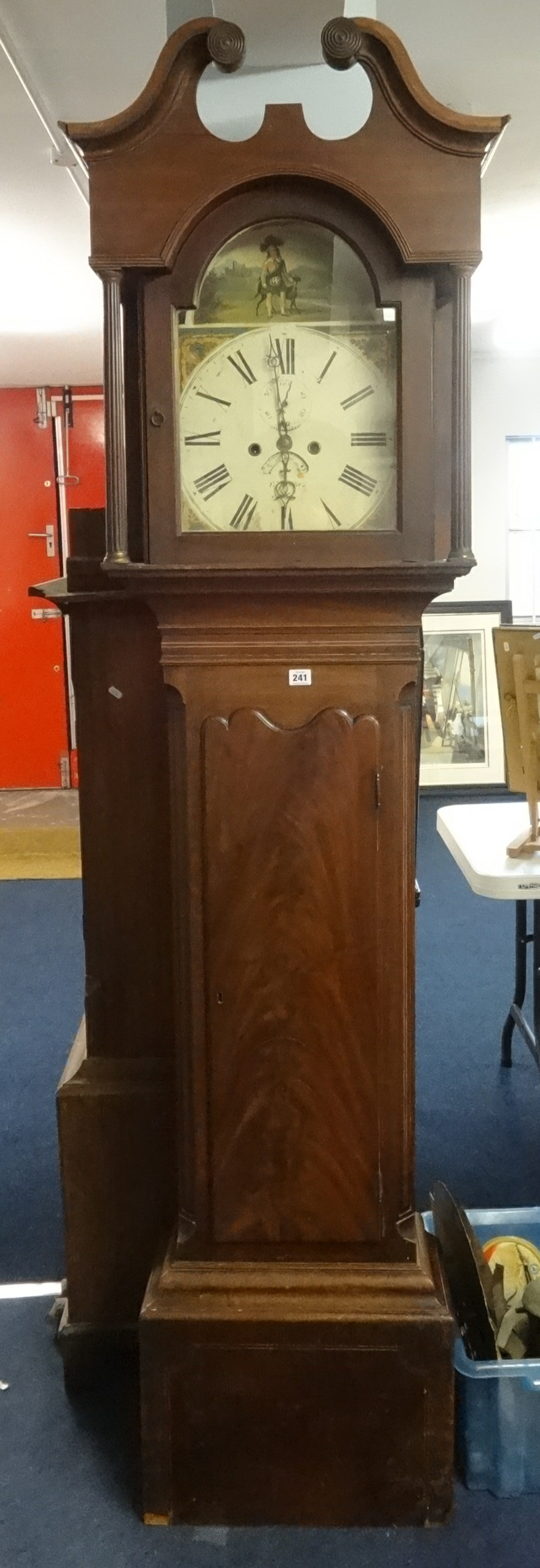 Two 19th century long case clocks (for restoration), one with mahogany case, painted dial, eight day