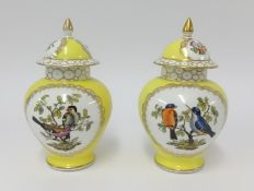 A pair of 19th/20th century porcelain vases with underglaze blue mark and covers decorated with