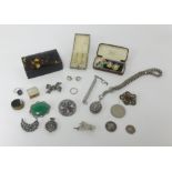 A collection of various costume jewellery, tortoise shell box, marcasite brooches, paste pendant