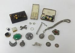 A collection of various costume jewellery, tortoise shell box, marcasite brooches, paste pendant