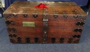 Antique silver chest in oak and iron band and carrying handles and key, 89cm x 48cm x 44cm