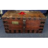 Antique silver chest in oak and iron band and carrying handles and key, 89cm x 48cm x 44cm