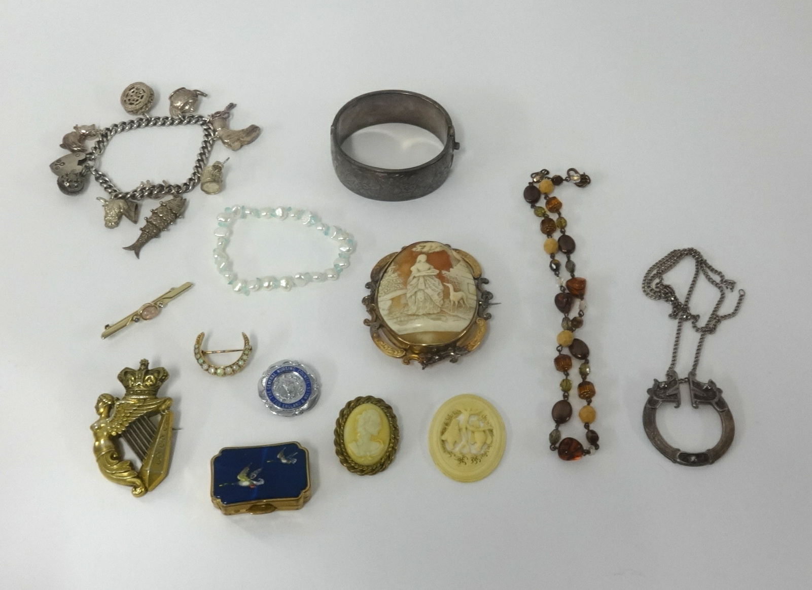 A box of various costume jewellery etc including silver charm bracelet.