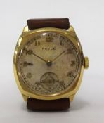 Revue, a vintage gents 9ct gold cushion cased wristwatch with inscription on reverse.