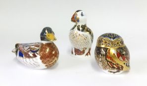 Royal Crown Derby, three paperweights including Owl.