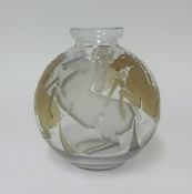 An art glass vase possibly French, the clear glass globular body with a band of inset moulded and