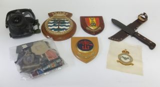 A collection of military cap badges (restrikes), cloth patches, belts, berets, folding trench spade,