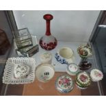 Various porcelain trinket boxes, ruby glass bottle vase etc.