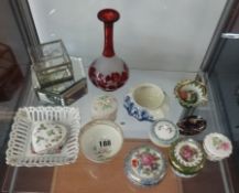 Various porcelain trinket boxes, ruby glass bottle vase etc.