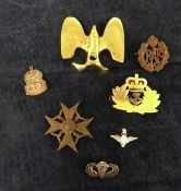 A collection of military badges including WWII German, Parachute sterling silver badge, ARP, RAF etc