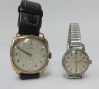 A ladies Omega watch and a gents cushion cased vintage wristwatch (2).