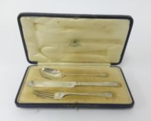 A Geo. V three piece silver 'Mappin & Webb' child's cutlery set in original fitted box with