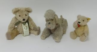 A replica Steiff teddy bear, another replica teddy bear and a soft toy vintage poodle dog (3).