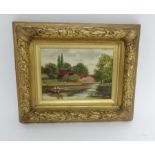 R. Edwards, small oil on canvas, signed, in a Victorian gilded frame decorated with oak leaves and