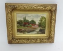 R. Edwards, small oil on canvas, signed, in a Victorian gilded frame decorated with oak leaves and