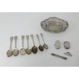 Sterling silver pierced dish, marked 'Evelyn', various silver Georgian and later tea spoons (7),