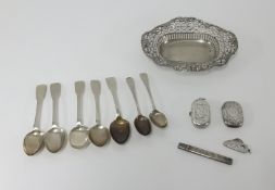 Sterling silver pierced dish, marked 'Evelyn', various silver Georgian and later tea spoons (7),