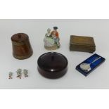 A wood cask type biscuit jar, other boxes and a pair cast pewter 'Crown & Rose' apostle spoons etc.
