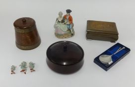 A wood cask type biscuit jar, other boxes and a pair cast pewter 'Crown & Rose' apostle spoons etc.