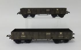 Two Meccano Ltd gauge 0 Hornby tinplate GW 'High Capacity' wagons, two rare tinplate wagons in