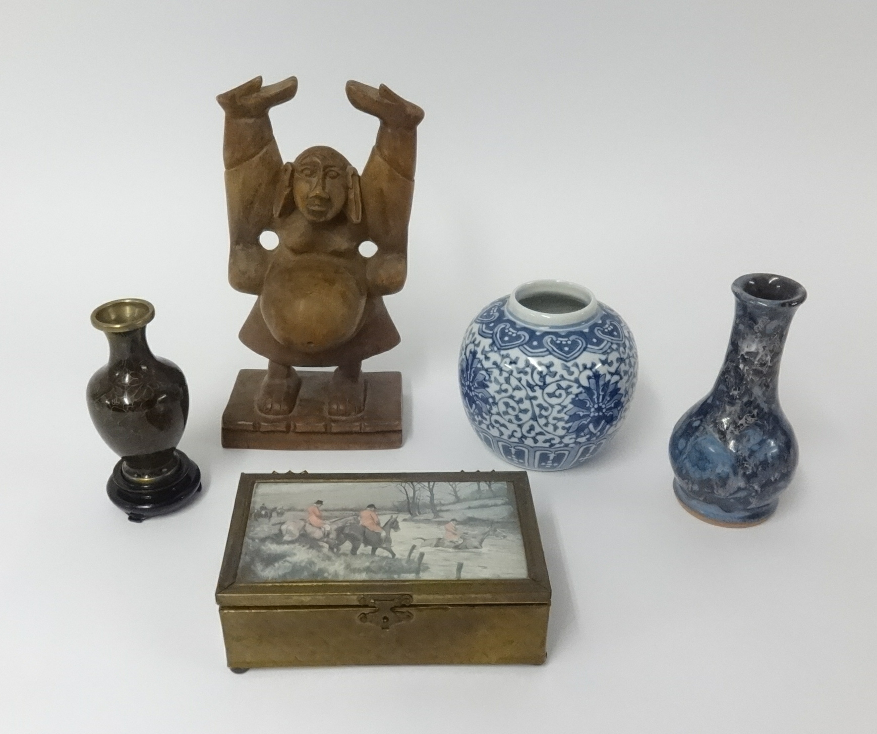 A carved wood figure, oriental vases, cloisonné, blue and white ginger jar etc.