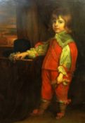 A large late Victorian/Edwardian portrait of a young man in period costume painted in oils, 122cm