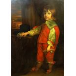 A large late Victorian/Edwardian portrait of a young man in period costume painted in oils, 122cm