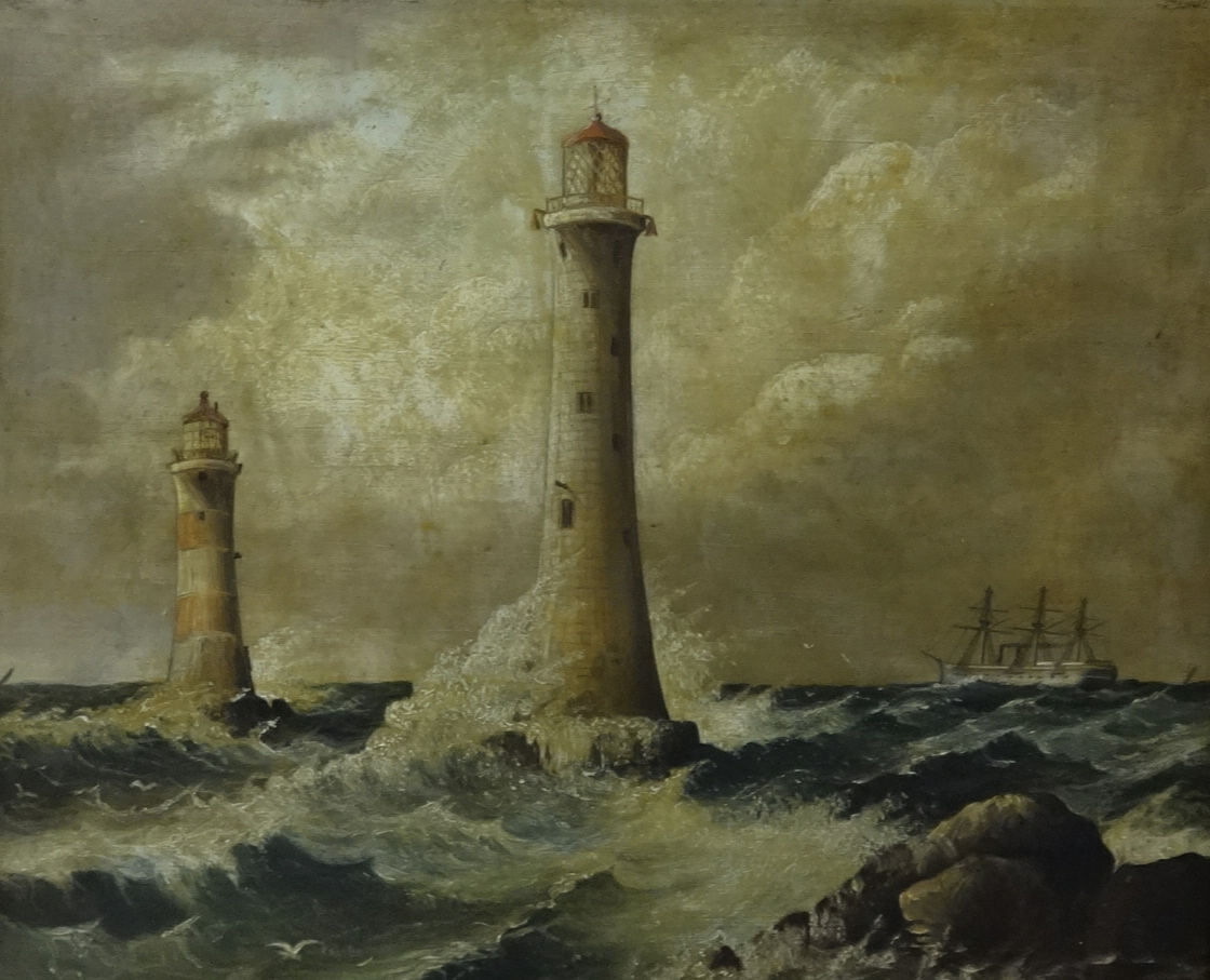 William Gibbons (act 1858-1892) attributed, 'Smeaton's Tower and Eddystone Lighthouse', oil on - Image 2 of 2