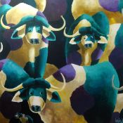 Lee Woods, acrylic on wrap around board, 'Purple and Green Cows', signed 122cm x 122cm.