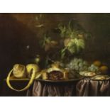 An reproduction oil on canvas Dutch School, still life, 'Grapes, Lemon, Oysters', 41cm x 52cm.