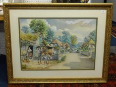 Stan. K. Mitchell (Plymouth Artist) watercolour, signed, 'Farrer with Horses in a Village with