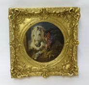 After W.Herring, oil on canvas 'Study of two Horses and a Bird', in ornate gilt frame, image 28cm