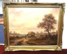 A group of four similar late 20th century rural paintings oil on canvas in swept gilt frames, approx