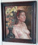 F. Rudolph, 'Nude woman seated with flowers', signed, 1991 oil on canvas