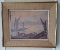 F.S. Budgen, 'London River scene', oil on wood panel, 40cm x 30cm