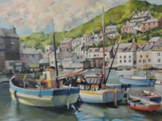 Unsigned oil on canvas, 1950's 'View of Polperro Harbour', 44cm x 60cm.