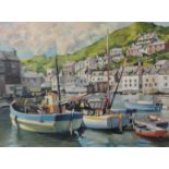 Unsigned oil on canvas, 1950's 'View of Polperro Harbour', 44cm x 60cm.